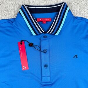 NEW REDVANLY Mens Large Marine Blue Mael Striped Collar Golf Polo Shirt R2505